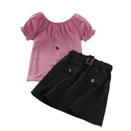 

BULLPIANO Little Girls Solid Color Short-Sleeved Tops and Short Skirt Outfits Kids 2pcs T-Shirt and Short Dress 3-8Y