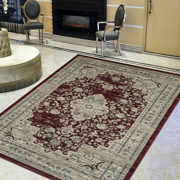 Burgundy Red/Beige Persian Isfahan FloralPattern Distressed - Modern Vintage Area Rug