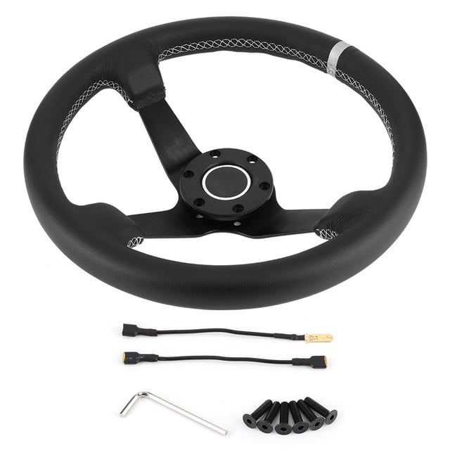 Steering Wheel Leather Steering Wheel 350mm/14in For Style 6- Black Leather Racing Steering Wheel W/ Horn