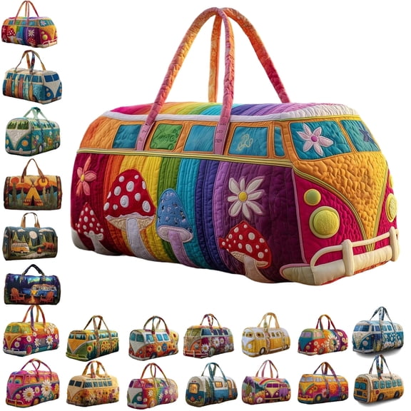 Hippie Van Quilted Duffle Bag,Unisex Boho Quilted Weekender Bag,Boho Travel Bag Retro Style for Gym Yoga Dance and Everyday Travel