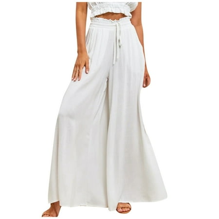 

EHTMSAK Pajama Pants for Women High Waisted Palazzo Casaul Drawstring Elastic Waist Pleated Front Trousers for Work Casual White S