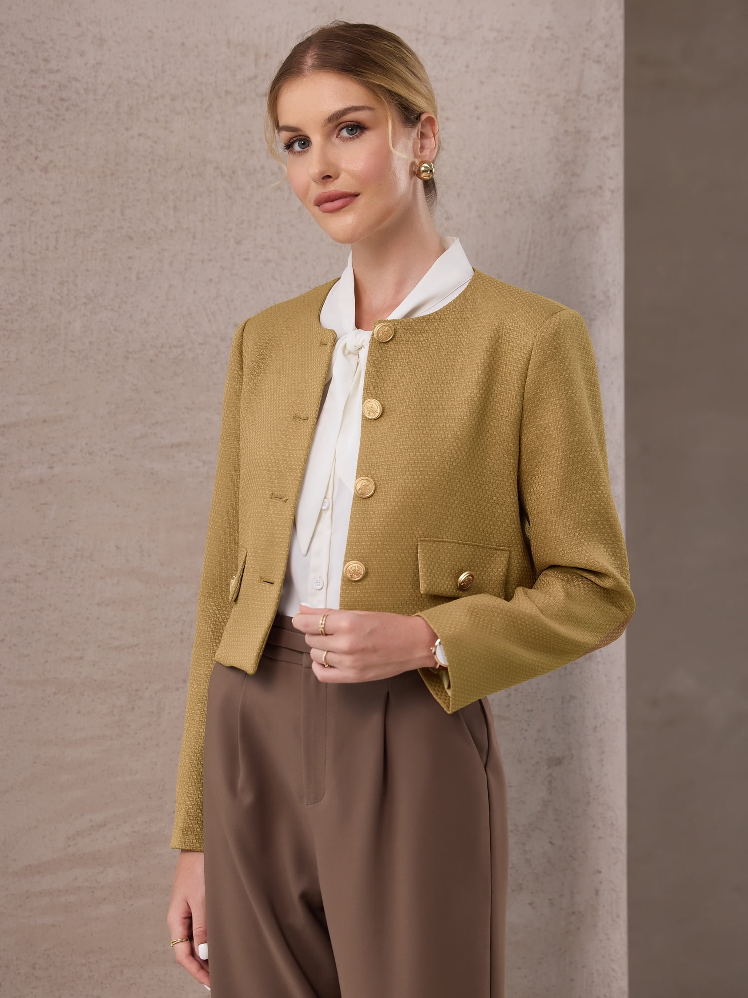 DARING DIVA Women's Tweed Short Jacket Collarless Office Cropped Blazer M Brown