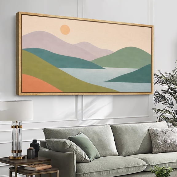 Large Framed Canvas Wall Art Abstract Mountain Lake Landscape Print for Living Room Decoration - 60"x30" Natural Frame