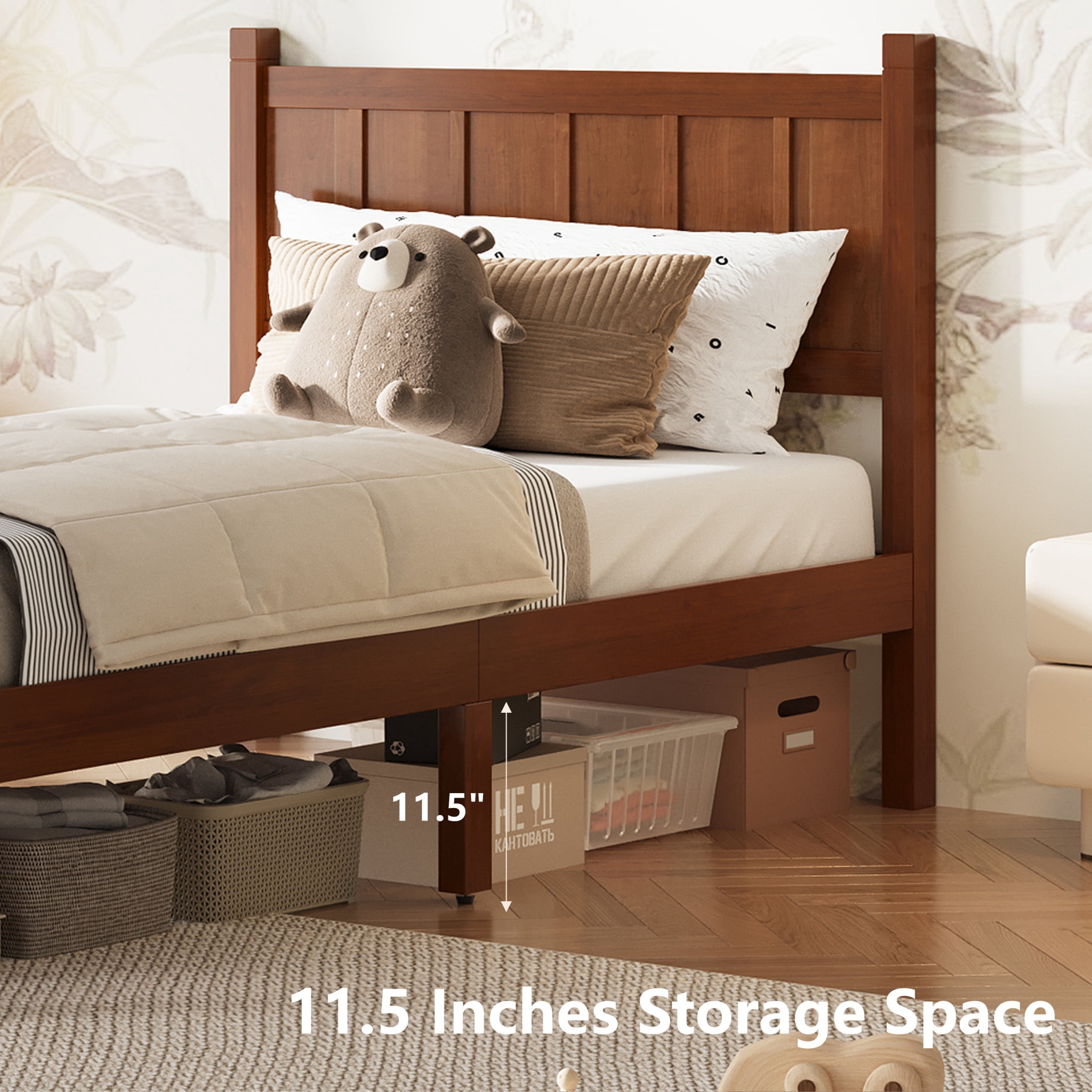 Noble House Twin Platform Bed with Headboard and Footboard, Wood Frame, Dark Walnut