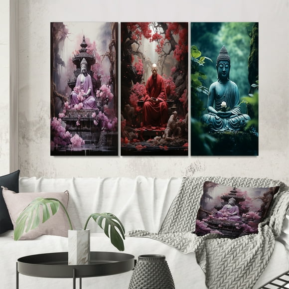 Designart "Buddhist Chanting Pink Buddhism" Buddhism Wall Art Set Of 3 - Pink Buddhism Canvas Set For Living Room Decor