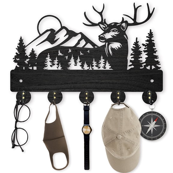 Wooden Antler Wall Coat Rack with 5 Hooks Black Forest Deer Design 11.8x8 Inch Key Holder Organizer for Entryway Hall Living Room Office Decor for DIY
