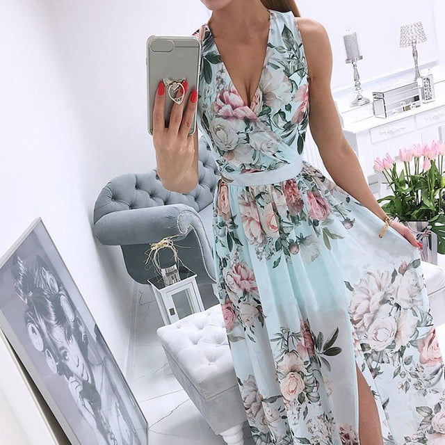 CEHVOM Robe Longue Sans Manches Imprimée Col en V Décontractée Mode Femme Angleterre
