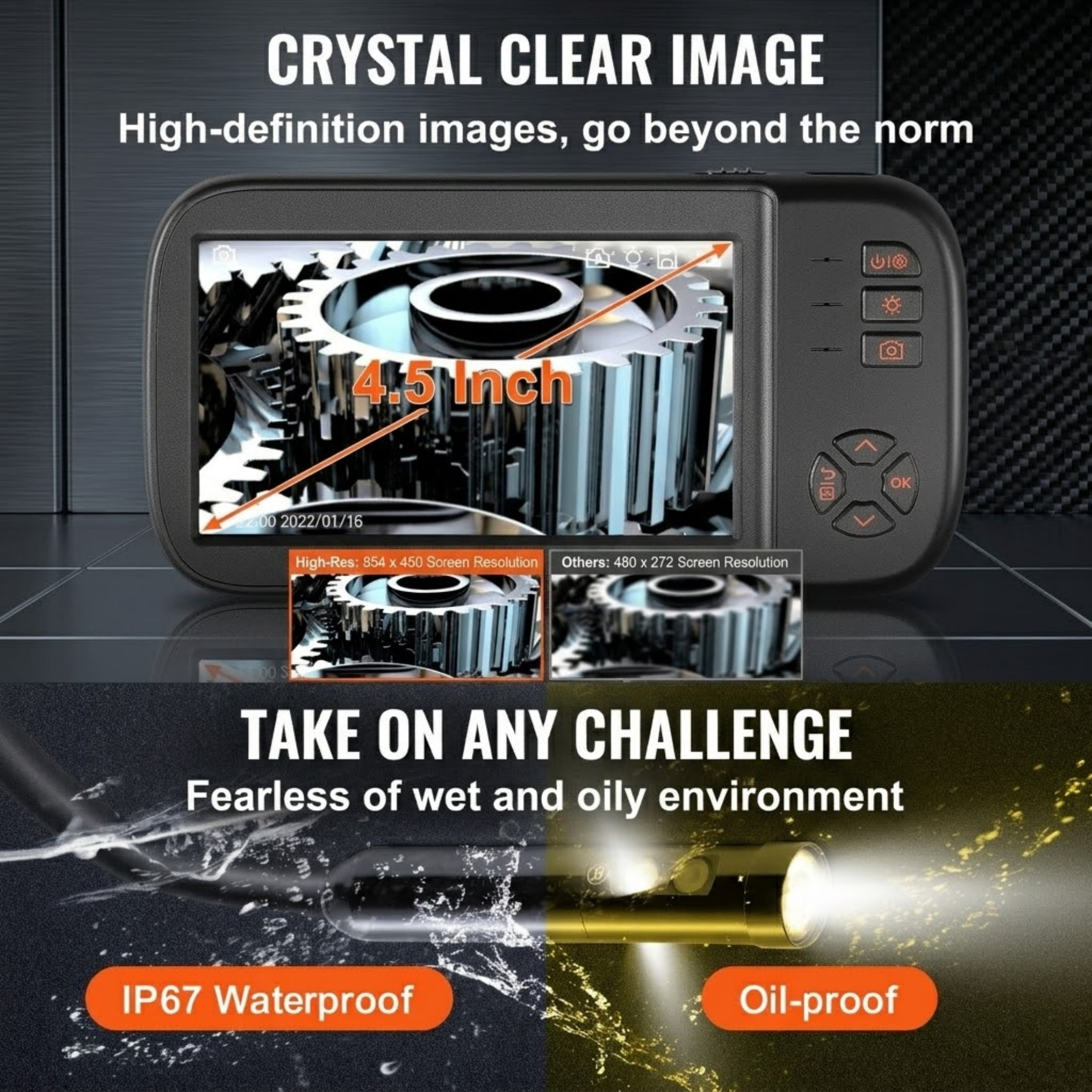 Borescope Camera, Triple Lens Endoscope Camera with Light, 4.5" Screen 1080P Inspection Camera with 10 LED Light, IP67 Waterproof Drain Snake Camera for Auto, Plumbing (16.5FT Cable, 32GB Card)