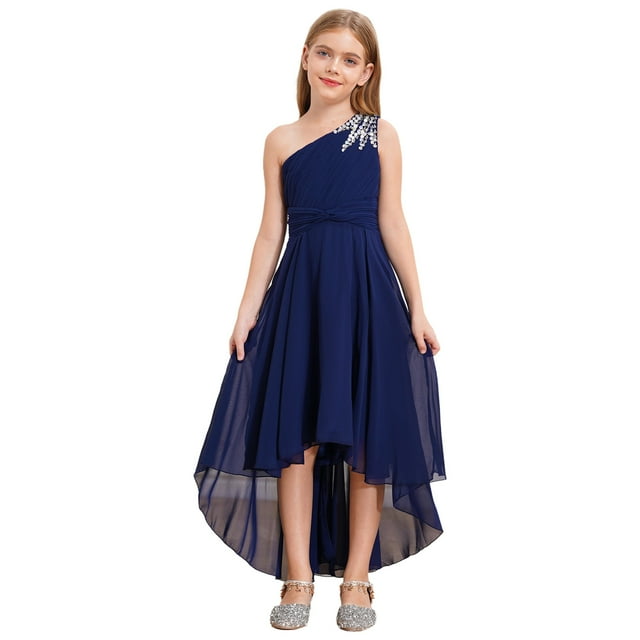 Oyolan Robe de Demoiselle d'Honneur Junior pour Fille, Perles, une Épaule, Ligne A, Mariage, Concours, Fête, Robe de Bal, Bleu Marine, 10