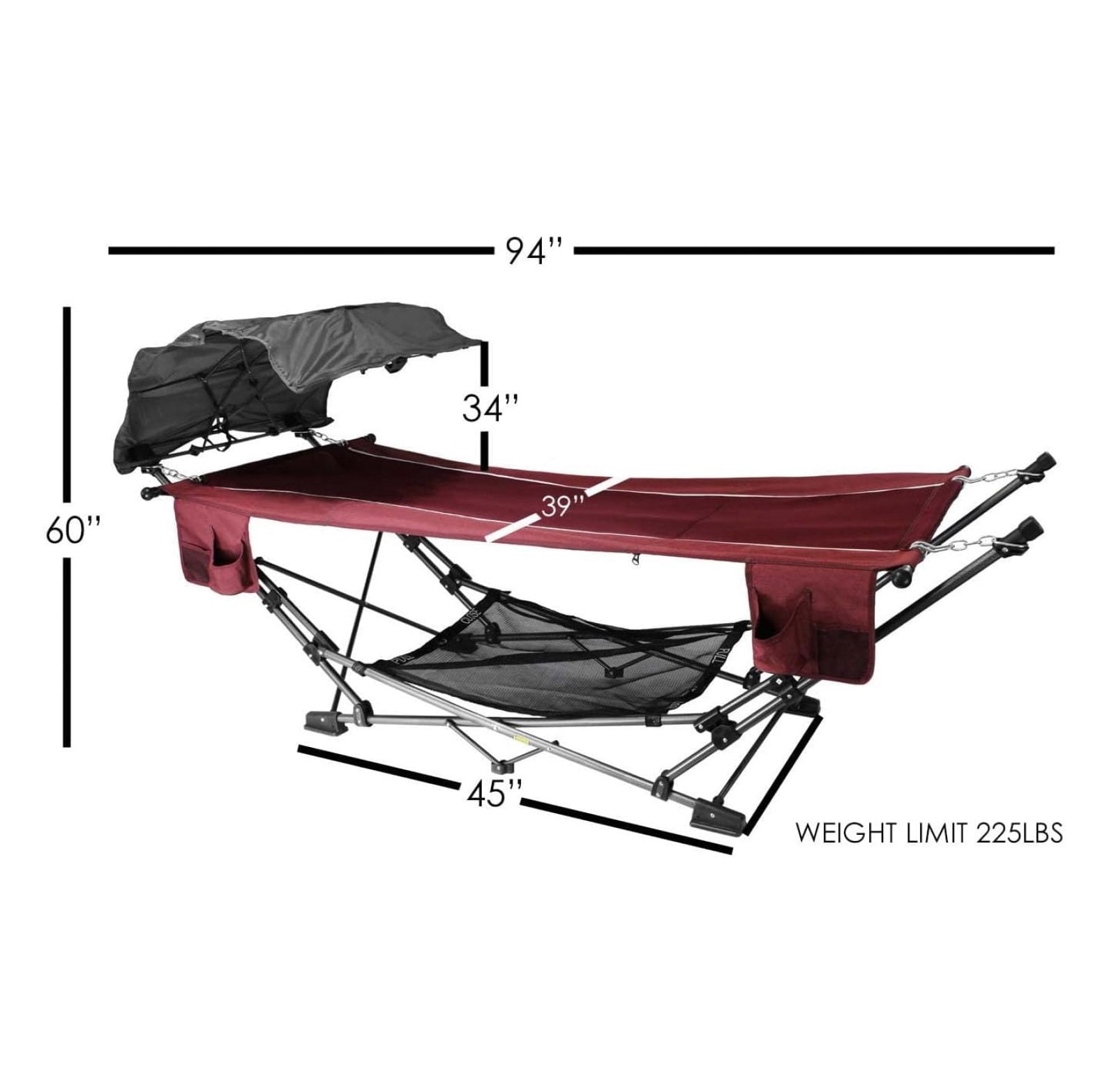 Limited Portable Folding Metal Framed Hammock with a Retractable Canopy, Perfect for Camping, Patio, Outdoor, and Relaxing, Side Pockets Included, Red (Pack of 1)