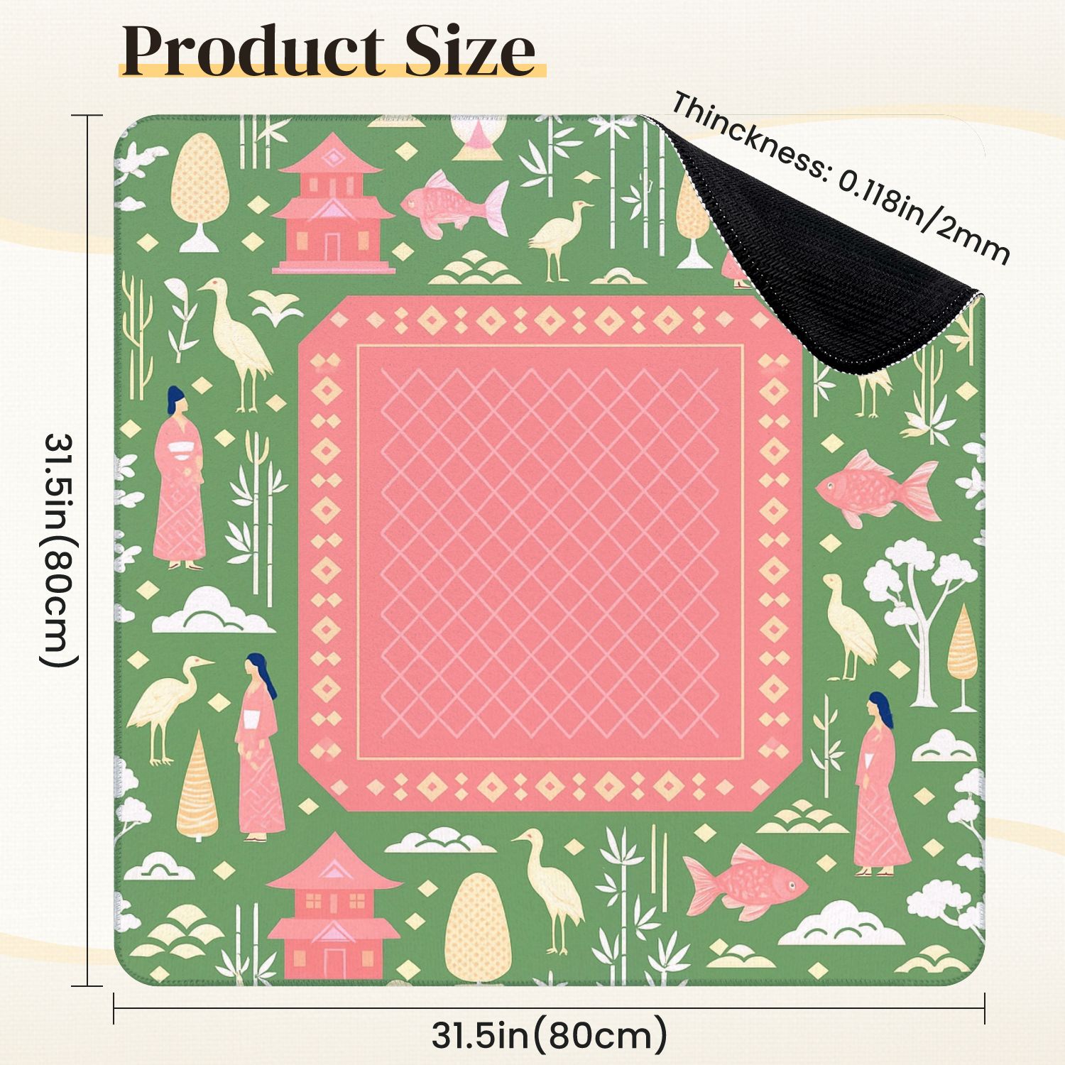 Mahjong Mat 31.5" x 31.5" Vintage Oriental Fish Birds Traditional Elements Anti-Slip and Noise Reduction Symmetry Design Mahjong Tiles Table Cover for Dominoes Poker Card Board and Tile Games