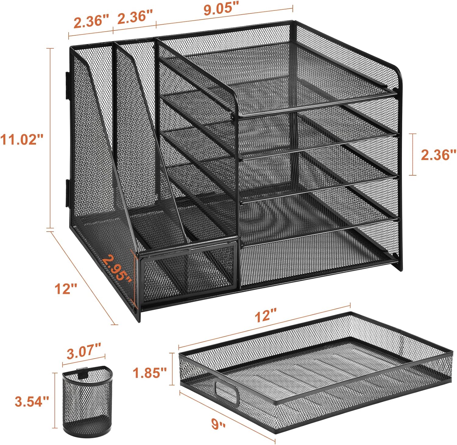 Organizador de escritorio Behome con portaarchivos, organizador de archivos de escritorio de 5 niveles con cajón y 2 portalápices, para oficina y hogar, negro 6