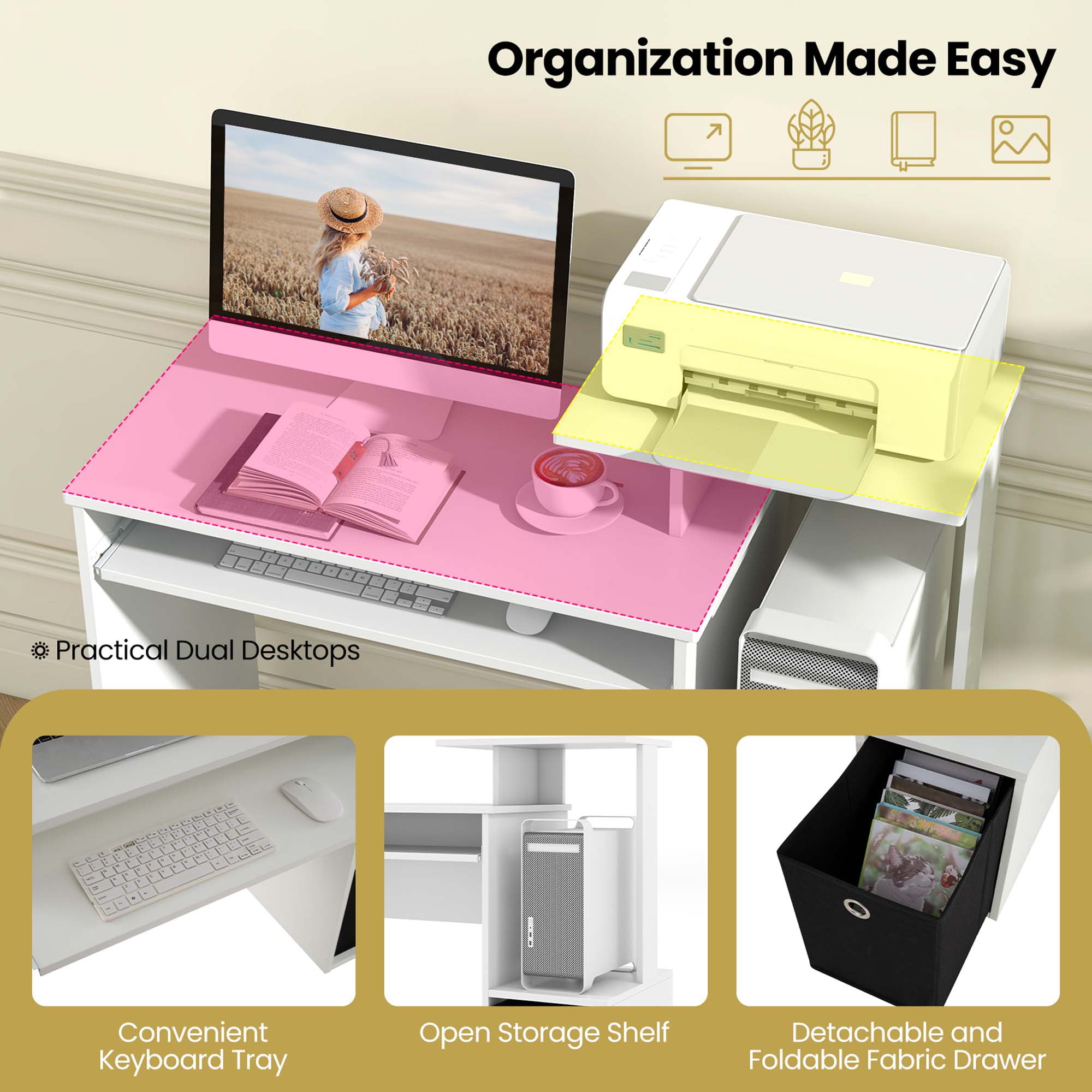 Costway Home Office Computer Desk Space-saving Study Writing Desk with Keyboard Tray White