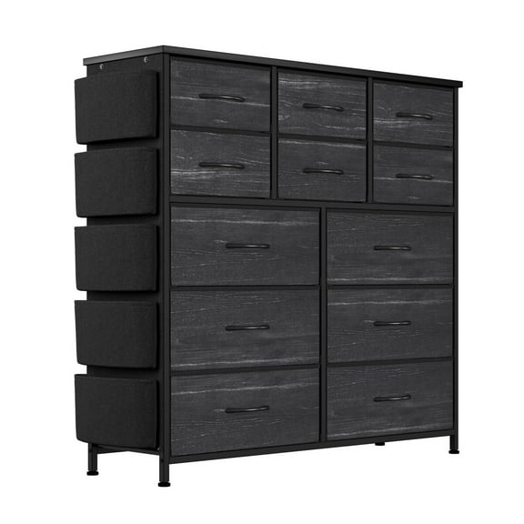 12 Drawers Dresser, Metal Frame Chest of Drawers Tall Dresser Drawer Chest with 12 Non-Woven Fabric Drawers, 5 Side Pockets and Hooks