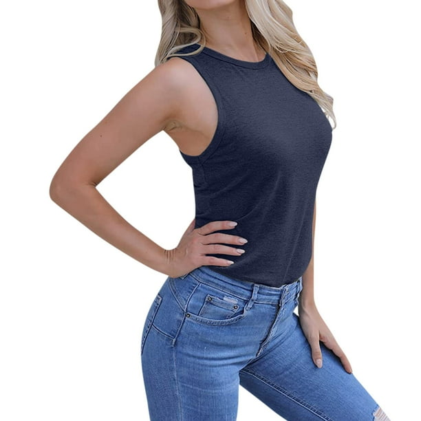 Camiseta sin mangas para mujer para hacer ejercicio: camiseta transpirable sin mangas y con cuello redondo para el gimnasio o el yoga, tejido ligero que absorbe el sudor, talla real, estilo informa