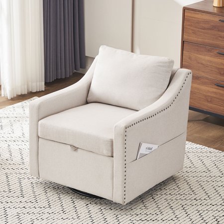 S-HOME Linen Swivel Accent Chair with Rivets Decoration and Back Pillow, High Backrest for Living Room Use