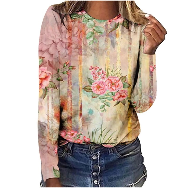 T-shirts à Manches Longues pour Femmes, Col Ras du Cou, Tuniques à Imprimé Floral, Hauts Doux Décontractés, Blouse Coupe Ample