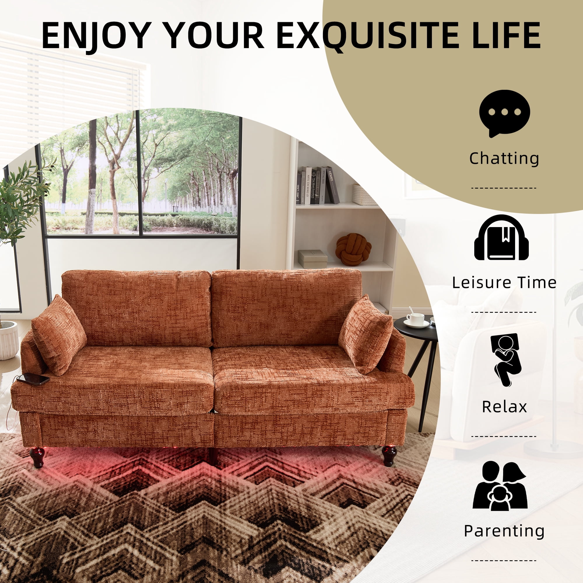 MOONMISS Chenille Upholstered Mid Century Modern Wood Frame Loveseats Sofa with LED light,USB and Side Pocket-Orange