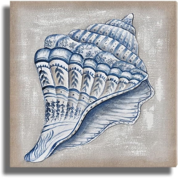 Conch Seashell Canvas Coastal Wall Art Blue Beach Scene with Sea Life on The Sand Canvas Art Wall Decor for Home Bathroom Kitchen Office Decoration Framed Ready to Hang Size 12x12inch