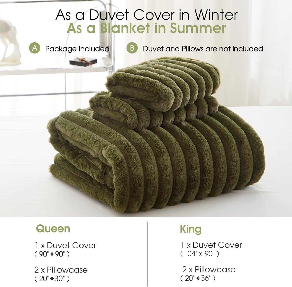 JOLUSERE Olive Green Fluffy Striped Duvet Cover Queen Set, 3-Piece Super Soft Faux Rabbit Fur Winter Warm Fuzzy Comforter Cover