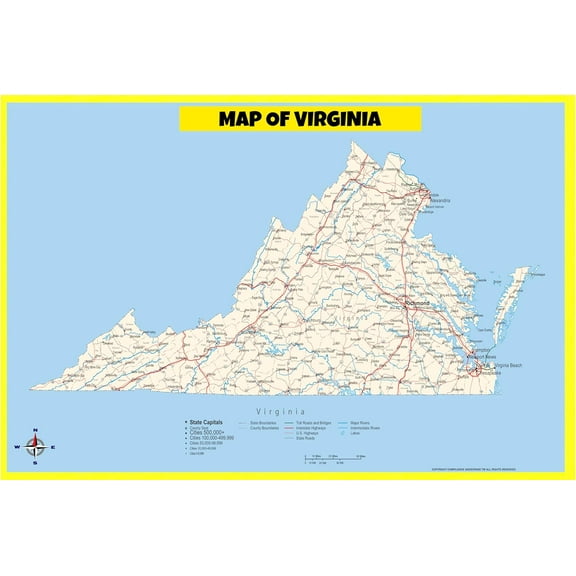Virginia Map Poster - Laminated Wall Map - Style B - 18x24 - Ideal for Classrooms and Homes – Features Bright Colors and Vivid Imagery