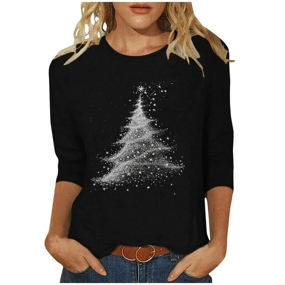 bnaln Christmas T Shirts for Women Merry Christmas Shirts Trendy Crewneck 3/4 Sleeve Tops Casual Xmas Tree Graphic Pullover Funny Xmas Party Tees Fall Jumper Winter Holiday Blouse