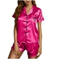 thumbnail image 2 of CALAFEBILA Womens Two Piece Pajamas Womens Button Down Pajamas Nightshirts Notch Collar Ice Satin Silk Tops with Pocket and Shorts, 2 of 5