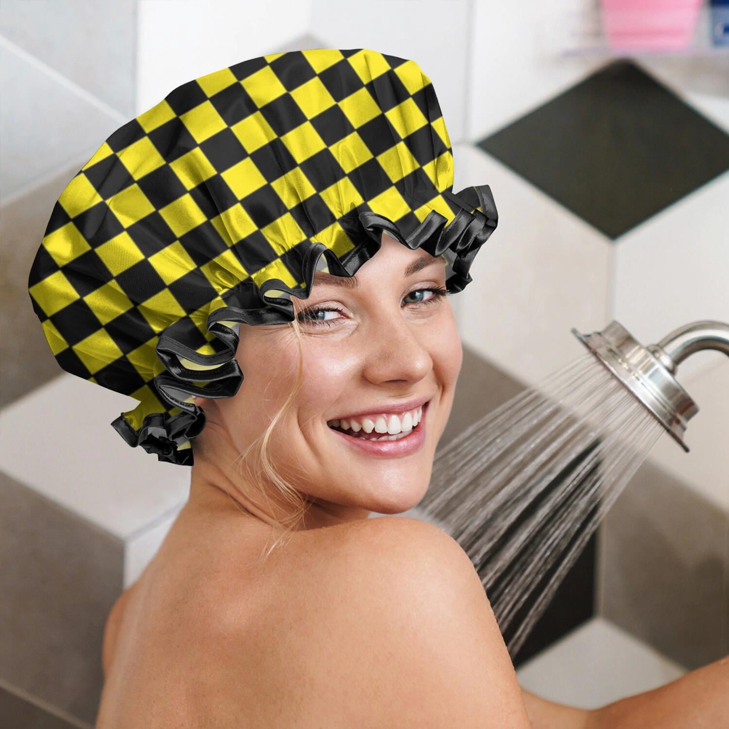 Shower Caps,Yellow and Black Checkered Pattern Waterproof Shower Cap for Women 4 Pieces,Double Reusable Hair Cover for Shower PEVA Elastic Stretch Hem