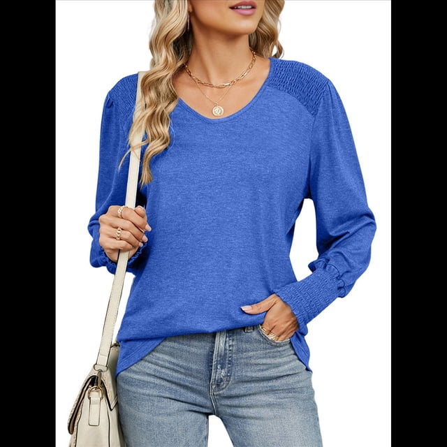 Camisas Casuales Holgadas de Larga para Mujer, Blusas Fruncidas con Cuello en V, Blusas de Moda. Azul XL