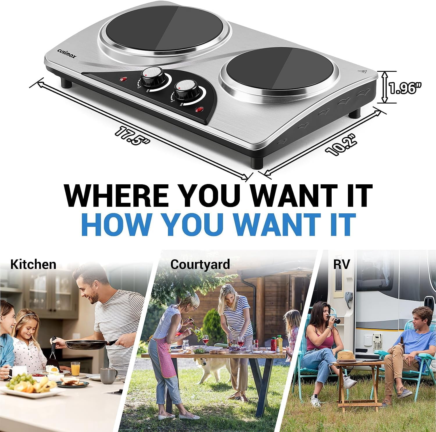 Electric Double Hot Plate, Portable Ceramic Cooktop with Dual Control, 1800W High Power for All Cookware, Silver