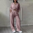 thumbnail image 2 of vigerkar Linen Two Piece Set Women Pants Casual Outfits Wide Leg Pants Long Sleeve Button Down Shirt Lounge Streetwear Sets Light Pink, S, 2 of 7