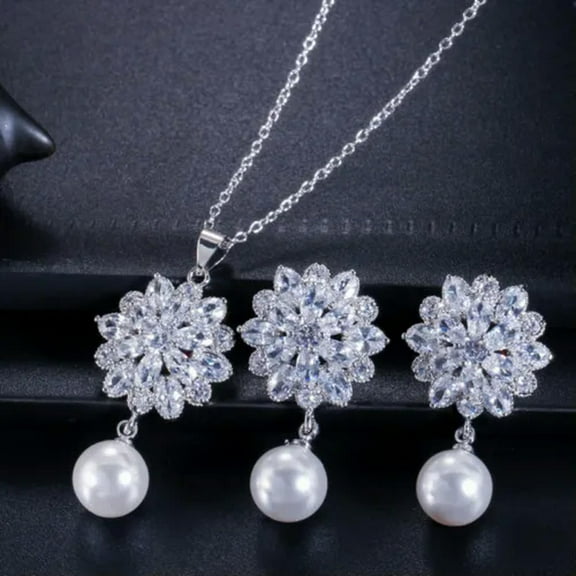 Elegant 585 Rose Gold CZ Pearl Dangle Pendant Necklace Earring Women Jewelry Set