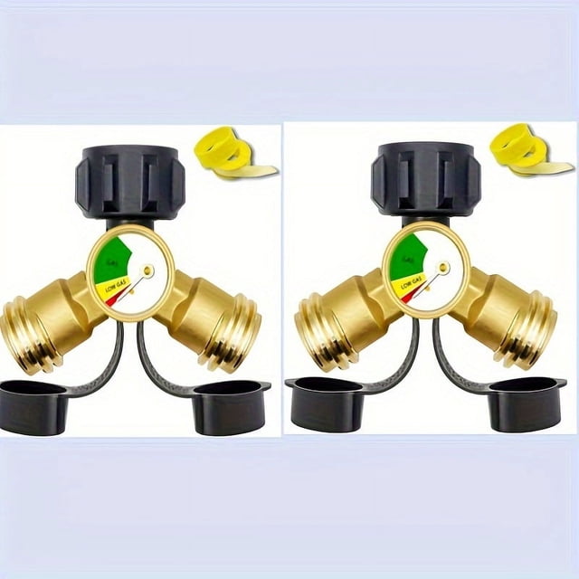 MesaSe Propane Y-Splitter Adapter - Bi-Directional Propane Gas Splitter with Pressure Gauge and Shut-Off Valve for Camping Stoves Barbecues RV Campers and More