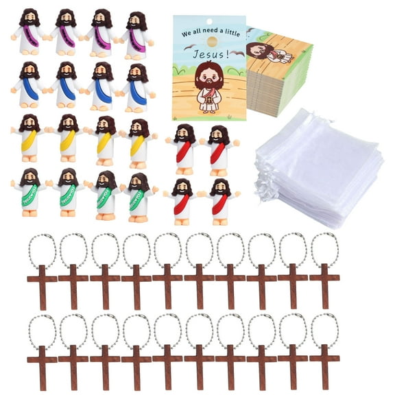 Miniature Biblical Figurine Set with Wooden Crosses Prayer Cards 20 Set Christian Teaching Aid for Kids' Religious Craft