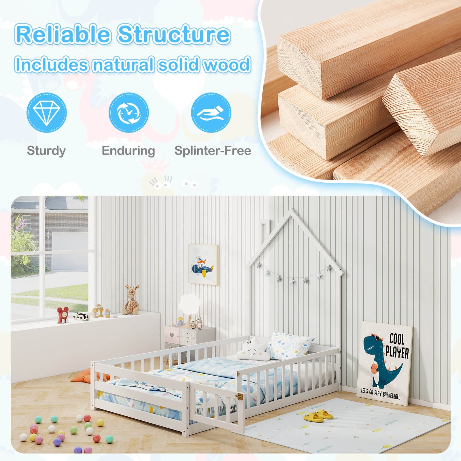 Costway Twin Size Montessori Floor Bed for Toddler with Lockable Door Full-Length Guardrail White