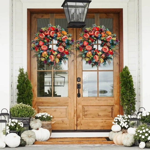 Couronne d'Automne Exquise Fabrication Artisanale Pendaison Léger Apparence Réaliste Décoration à la Maison Réutilisable Porte d'Entrée Automne Décoration Couronne pour Jardin Multicolore une Taille