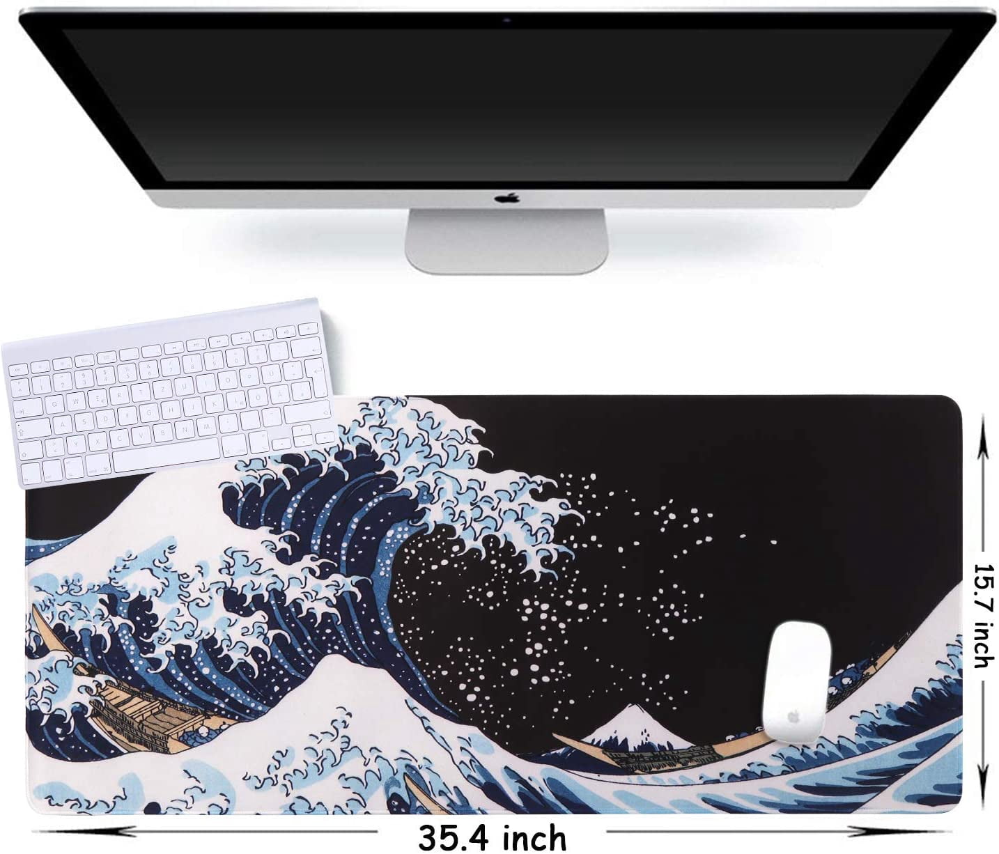 Extended Gaming Mouse Pad - Non-Slip Water-Resistant Rubber Base Computer Keyboard Mouse Mat, 35.1x15.75inch XXL Large Anime Mouse Pad for Desk Computer Office Gaming, Sea Wave
