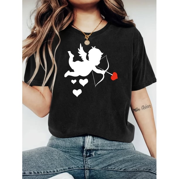 Camiseta estampada con flecha de Cupido y corazón para mujer. Cuello redondo negro, manga corta, informal. Ligera y transpirable. Perfecta para primavera, verano y otoño. Moderna. Estampada.