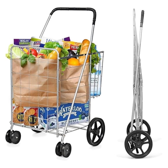 Grocery Shopping Cart, Foldable Heavy Duty Jumbo Utility Cart w/ 360° Rolling Swivel Wheels & Extra Basket, Lightweight Trolley Cart for Grocery Laundry Luggage (Sliver)