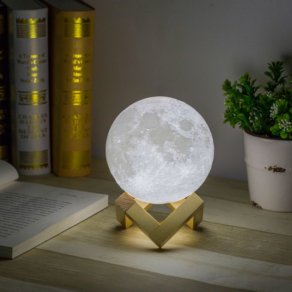 USB 3D Printing Moon Lunar LED Night Light Lamp with Wooden Stand