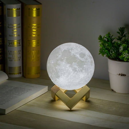 USB 3D Printing Moon Lunar LED Night Light Lamp with Wooden Stand Rechargeable 12 cm Diameter,