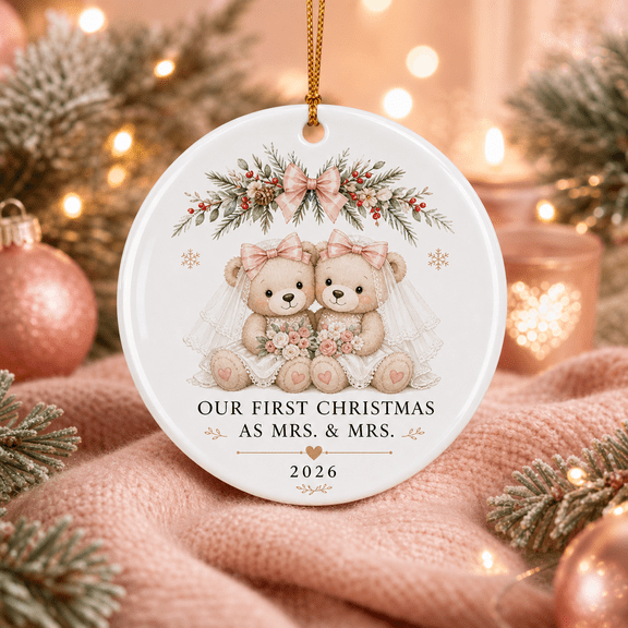 Christmas Ornament Two Bride Teddy Bears Tree Hanging for First Christmas as Mrs. & Mrs.
