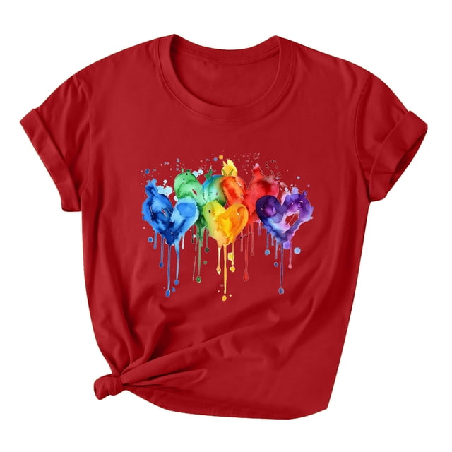 RKSTN Hauts pour Femmes LGBT Décontracté Coupe Ample Égalité Inspirante Hauts Été Mignon Cœur Imprimé Manches Courtes Col Rond Pride Shirt
