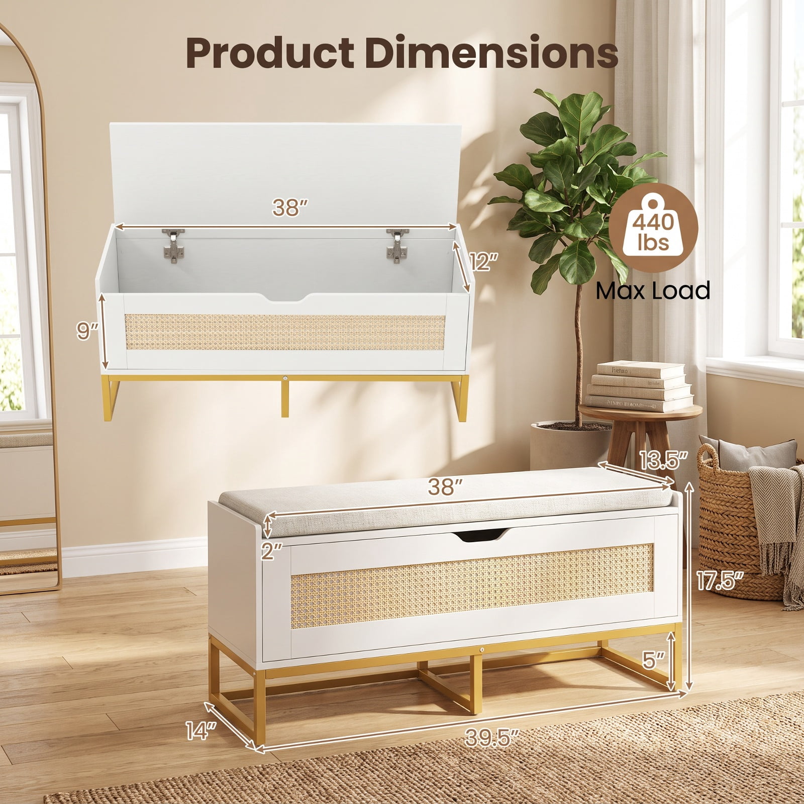 Furnibear 39.5 Inch Rattan Storage Chest Wicker Shoe Storage Bench with Padded Seat and Flip Top Lid for Entryway Bedroom and Living Room, White