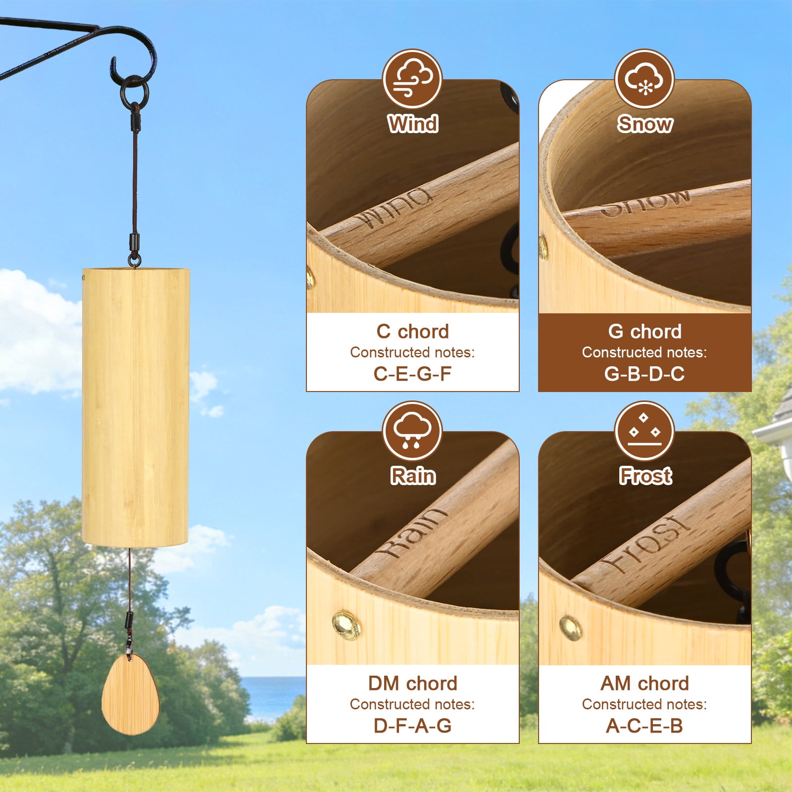 Uxcell Bamboo Wind Chimes for Meditation, Relaxing Emotions, Wooden Handcrafted Chimes for Unique Decor, Gardening Gift for Outdoor Decoration [G Chord]