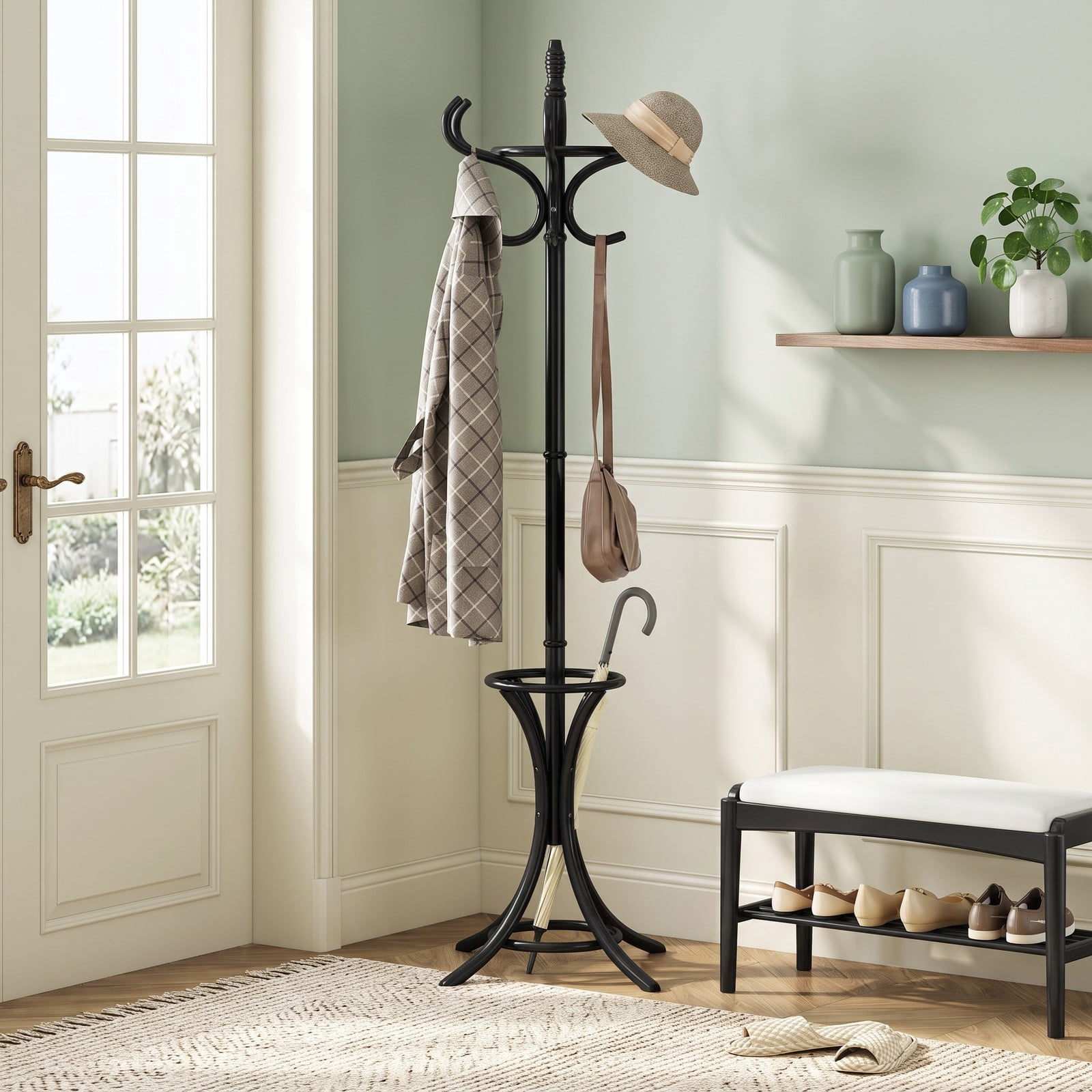 Furnibear Freestanding Wood Coat and Hat Rack Stand with Umbrella Stand Rotating Top and 12 Hooks for Entryway and Hallway, Black