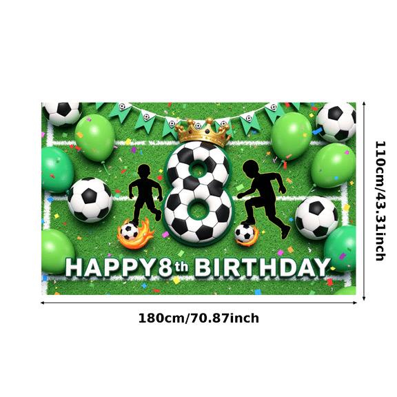 Green Balloon Soccer Banner Happy 8th Birthday Party Decoration Kids Celebration Backdrop for Soccer Party Children Event