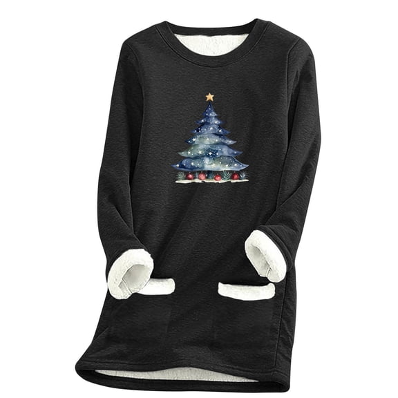 asdoklhq Christmas Fall Tops for Women 2025 Women's Thick Fleece Sweatshirt Long Sleeve Print Velvet Warm Round Neck Underwear Black L