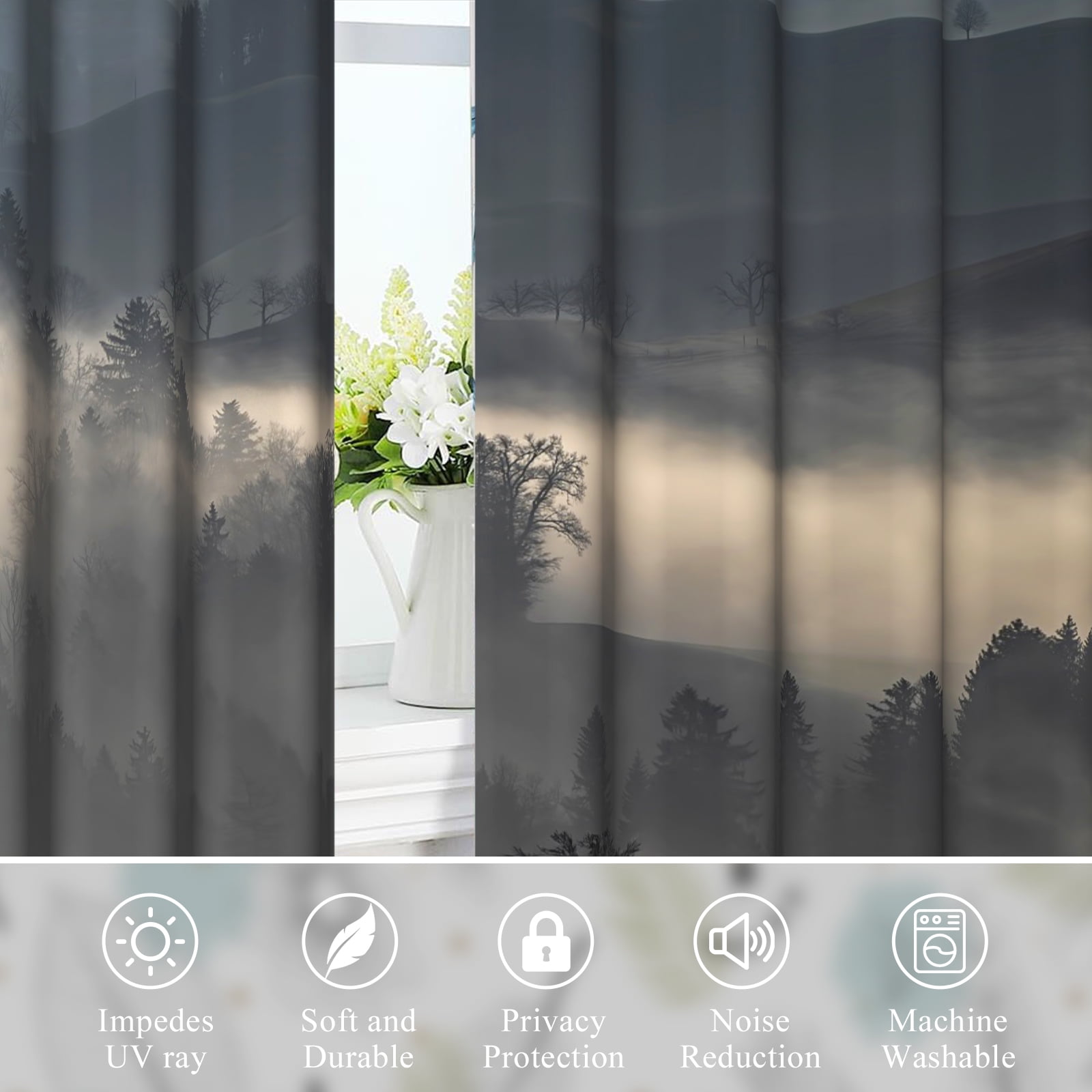 Gray Misty Forest Blackout Curtain for Living Room,Foggy Mountain Thermal Insulated Drapes for Bedroom (52Wx84L,2 Panels)