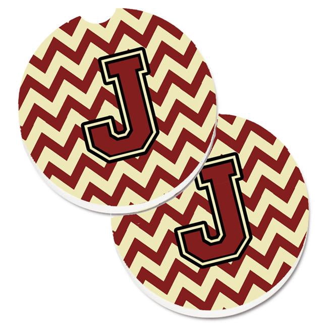 Letter J Chevron Maroon & Gold Set of 2 Cup Holder Car Coaster